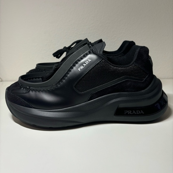 NEW PRADA Brushed Leather Sneaker Black Mens Size 8 - Picture 4 of 10